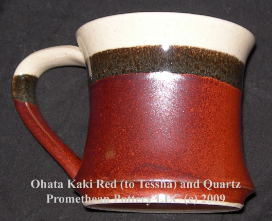 On the kiln wall side of this mug, the Ohata Red has acquired a metallic purple sheen indicative of Tessha.  This illustrates how critical cooling rate is to the formation of crystals for some of these iron glazes.