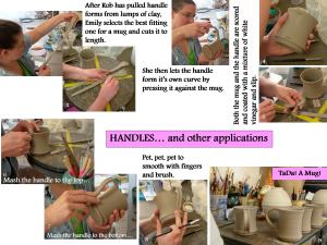 Emily putting handles on mugs. Promethean Pottery